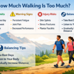 “How Much Walking Is Too Much?” showing a couple hiking on a mountain trail, with sections highlighting safe walking limits (30–60 minutes/day, 15 miles/week), warning signs (fatigue, joint pain), injury risks (shin splints, stress fractures), and tips for balancing walking with rest and recovery.