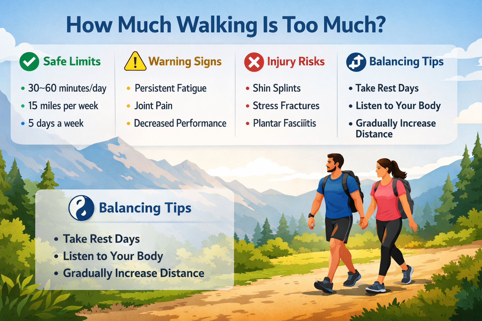 “How Much Walking Is Too Much?” showing a couple hiking on a mountain trail, with sections highlighting safe walking limits (30–60 minutes/day, 15 miles/week), warning signs (fatigue, joint pain), injury risks (shin splints, stress fractures), and tips for balancing walking with rest and recovery.