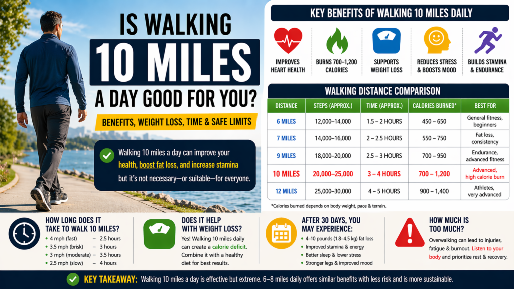 “Is walking 10 miles a day good for you?” including benefits (heart health, weight loss, stamina), calorie burn (700–1,200), time estimates (2.5–4 hours), distance comparison table (6–12 miles), and safety tips about overwalking and recovery.