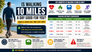 “Is walking 10 miles a day good for you?” including benefits (heart health, weight loss, stamina), calorie burn (700–1,200), time estimates (2.5–4 hours), distance comparison table (6–12 miles), and safety tips about overwalking and recovery.