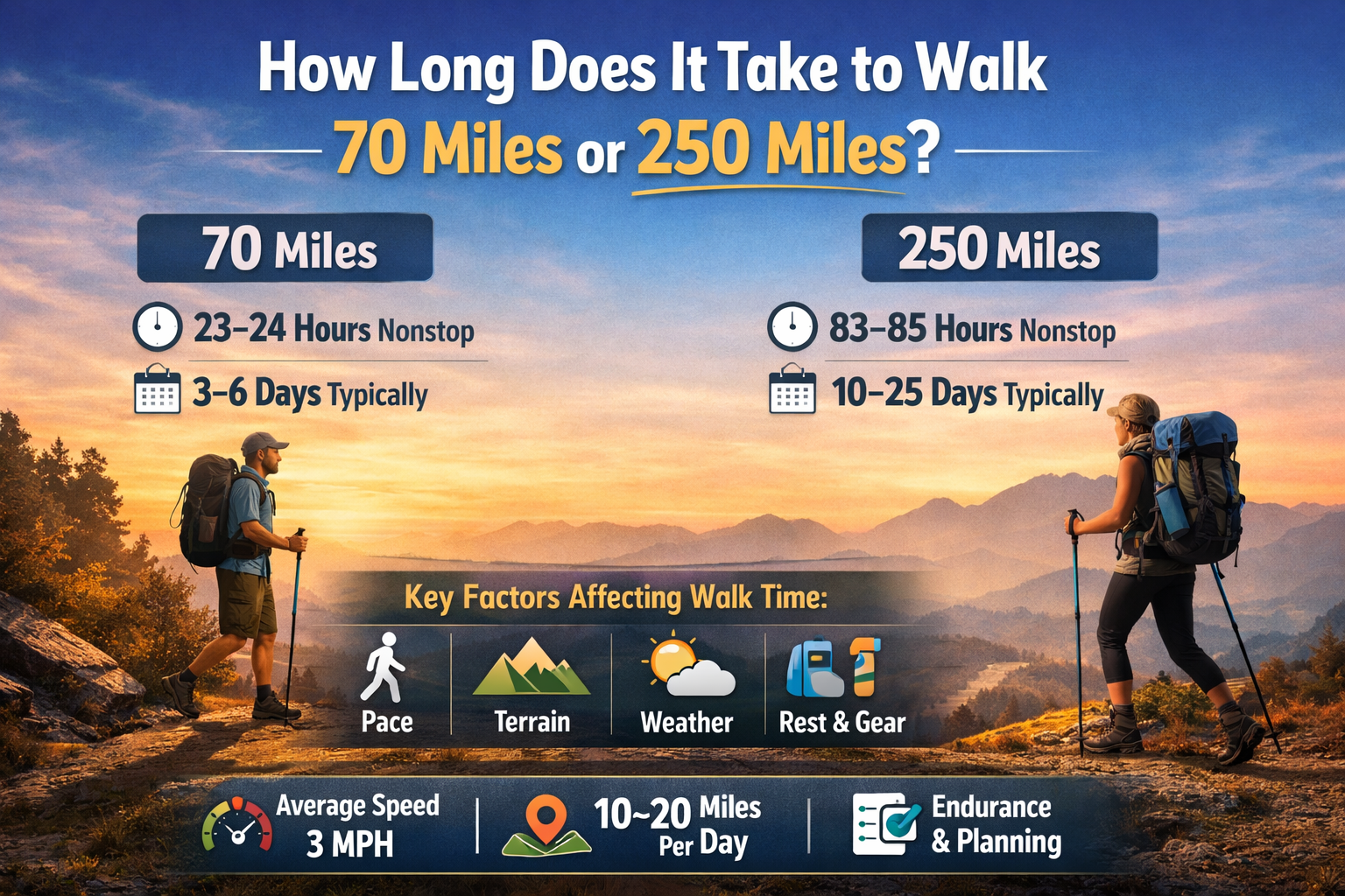 How Long Does It Take to Walk 70 Miles or 250 Miles