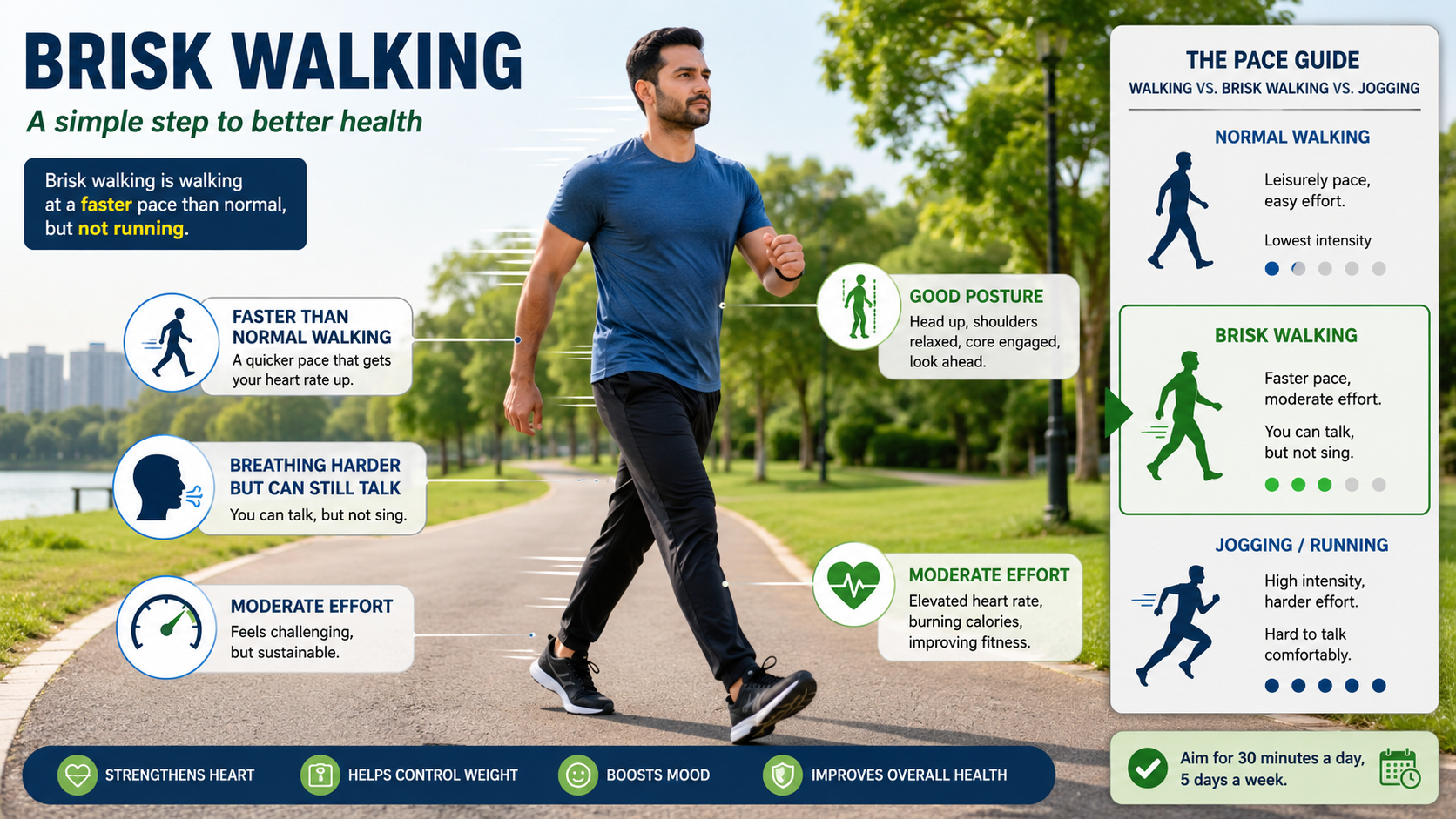 Man brisk walking outdoors with correct posture and relaxed arm movement
