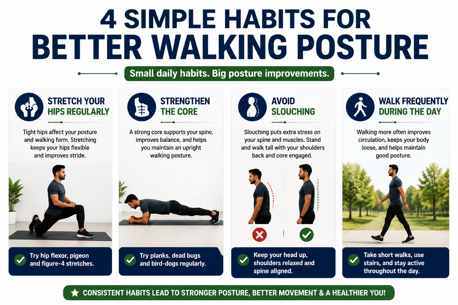 4 Simple habits for better Walking Posture for office workers