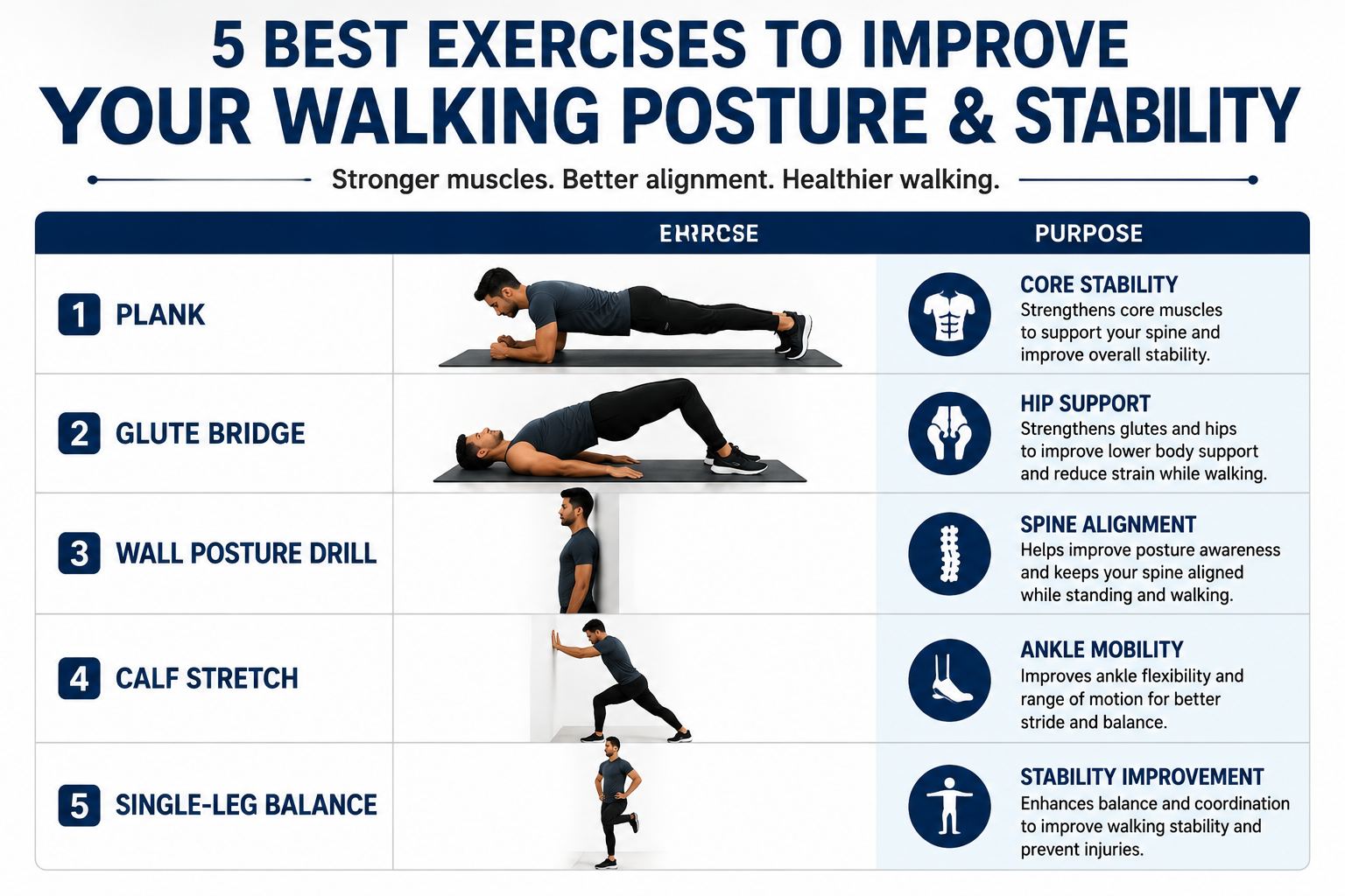 Which exercises improve walking posture