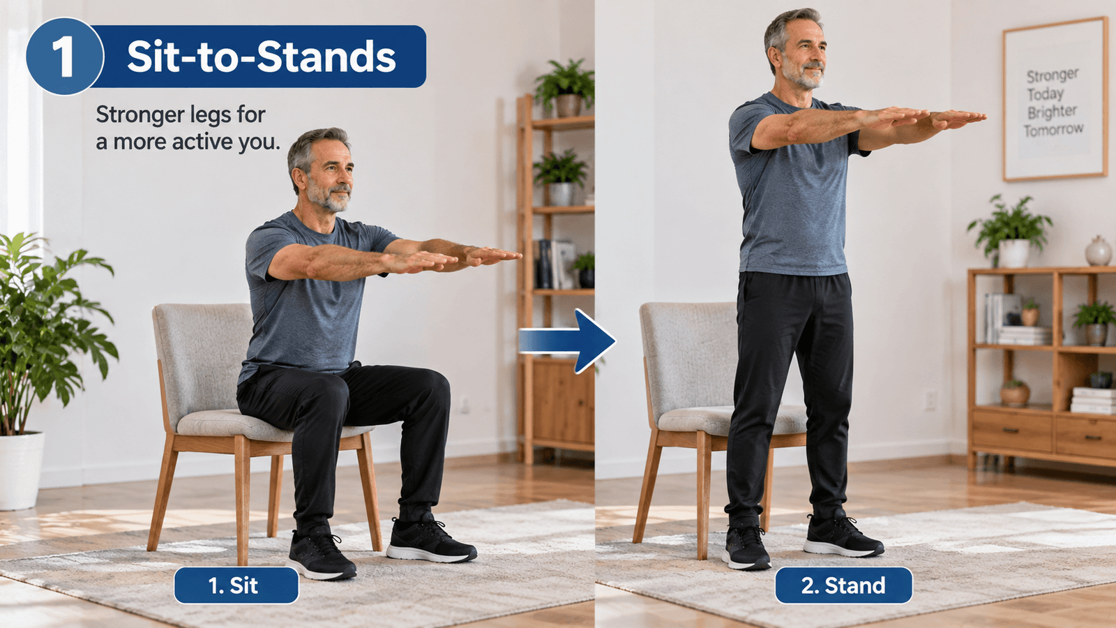 Older man demonstrating a sit-to-stand exercise using a chair