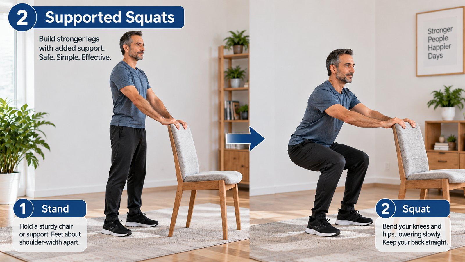 Older man performing supported squats while holding a chair