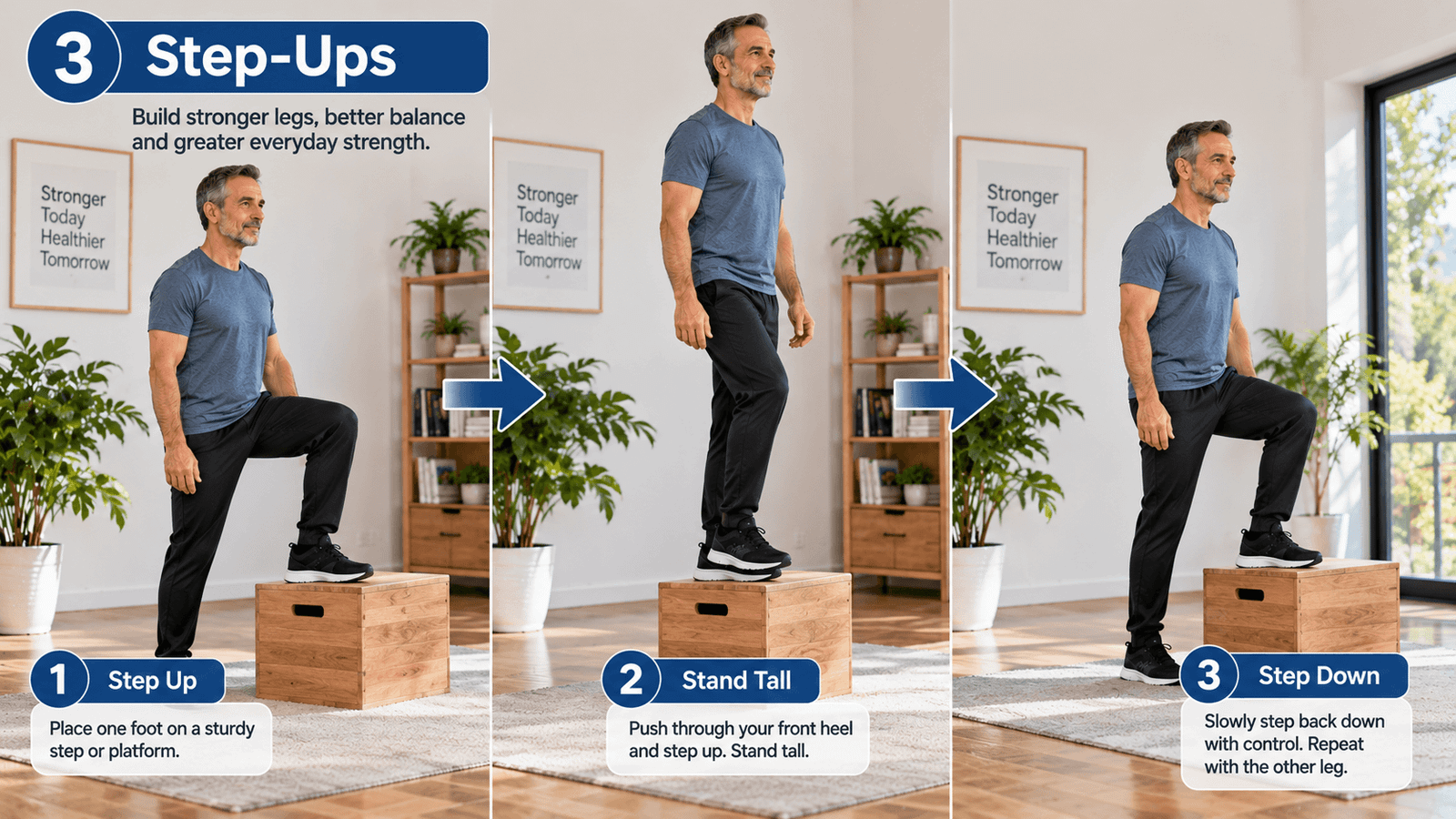 Older man demonstrating step-ups on a low platform for leg strength