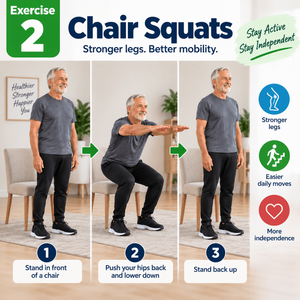 Chair squats strengthen the quadriceps, glutes, and hip muscles while allowing a chair to act as a depth reference and safety aid.