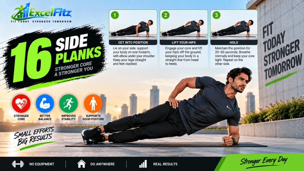 Side planks emphasize lateral trunk stability and train the oblique abdominal muscles along with other stabilizers.