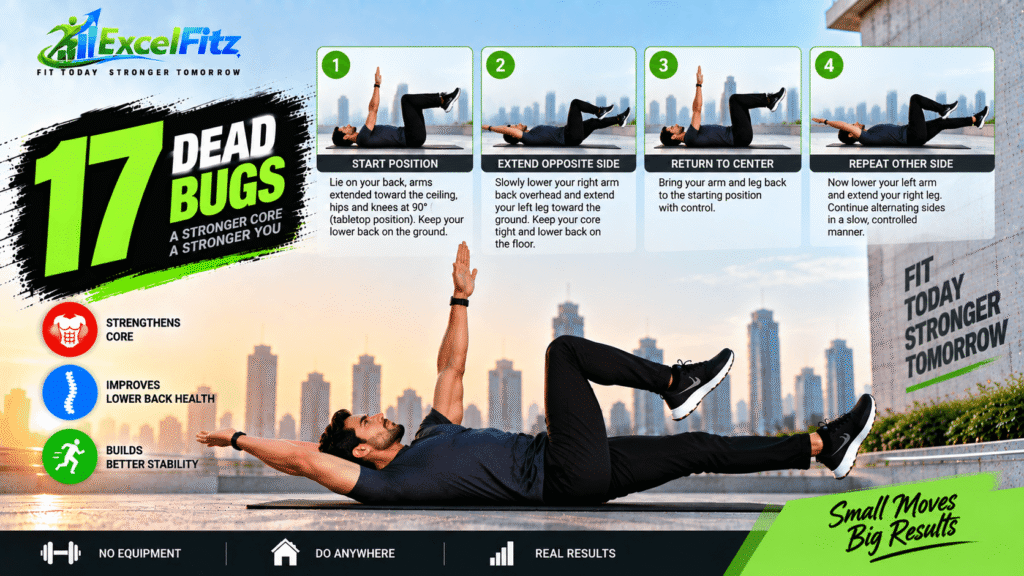 Dead bugs are low-impact core exercises that train trunk control while the arms and legs move independently.