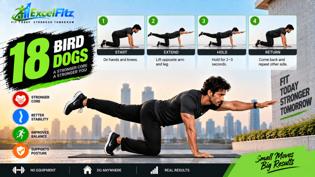 Bird dogs train core stability, balance, and coordination from a hands-and-knees position.