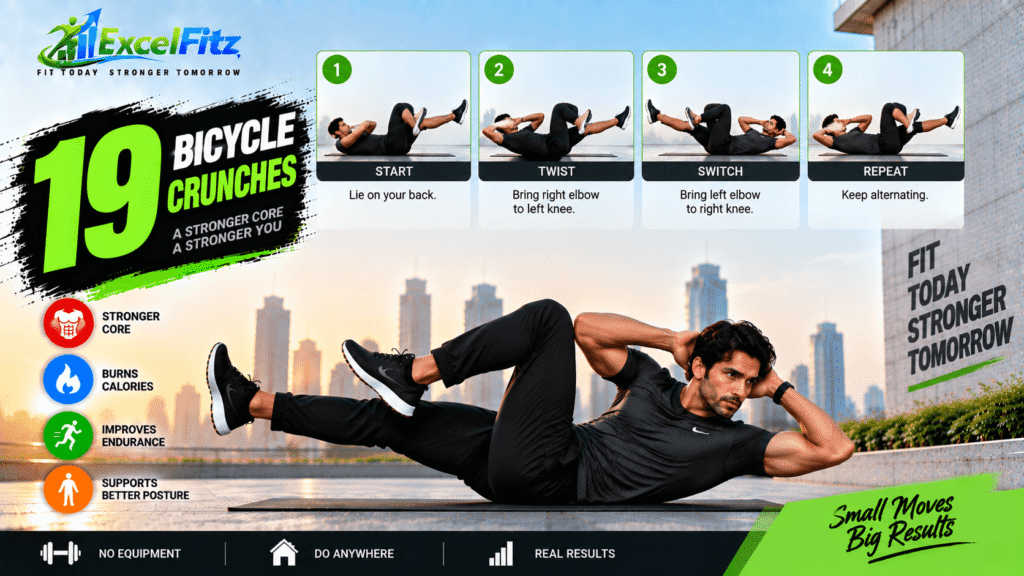 Bicycle crunches are dynamic abdominal exercises that combine trunk flexion with rotation.