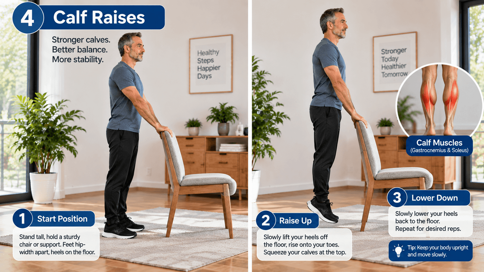 Older man performing supported calf raises while holding a chair