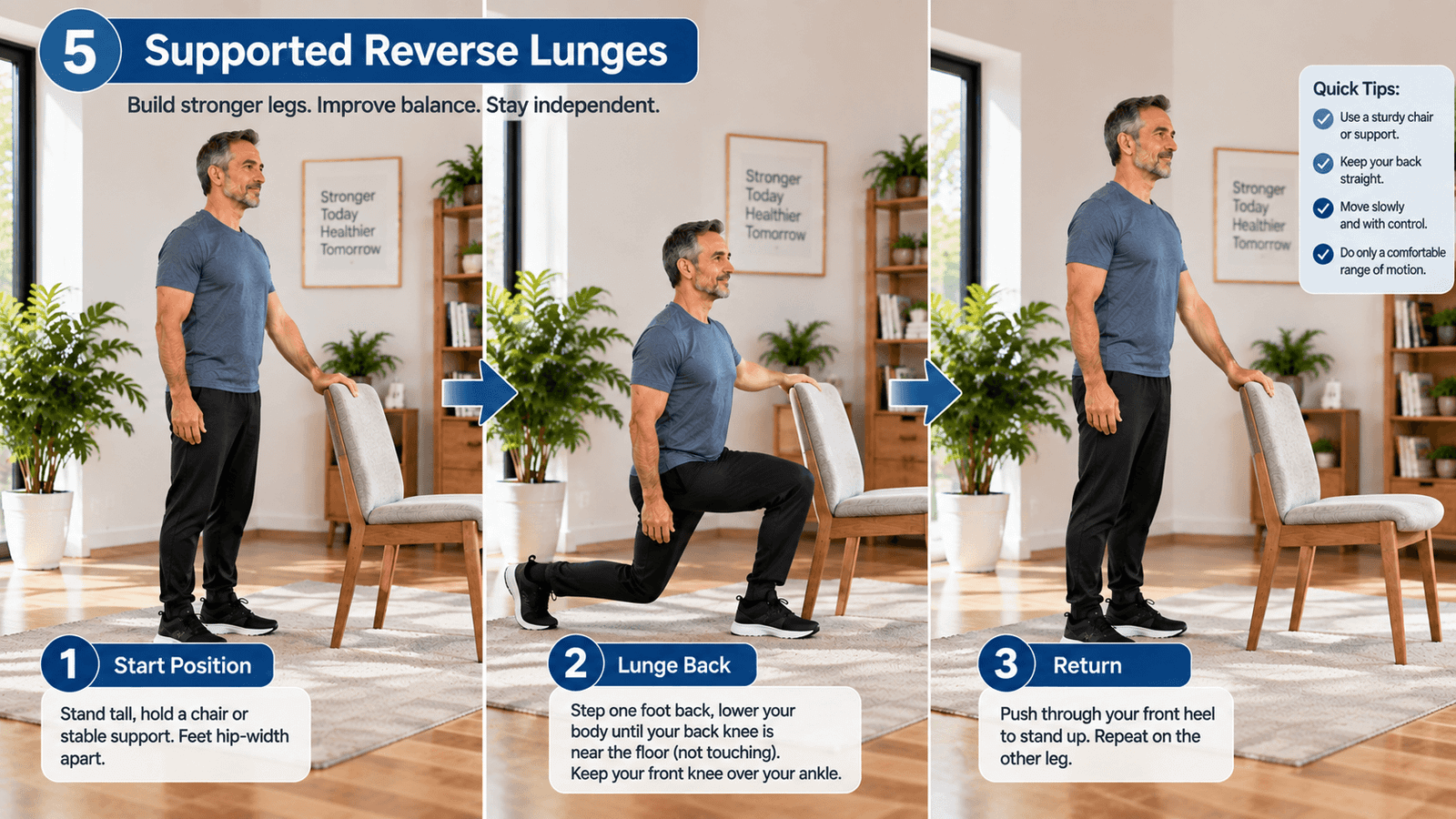 Older man performing a supported reverse lunge using a chair for balance