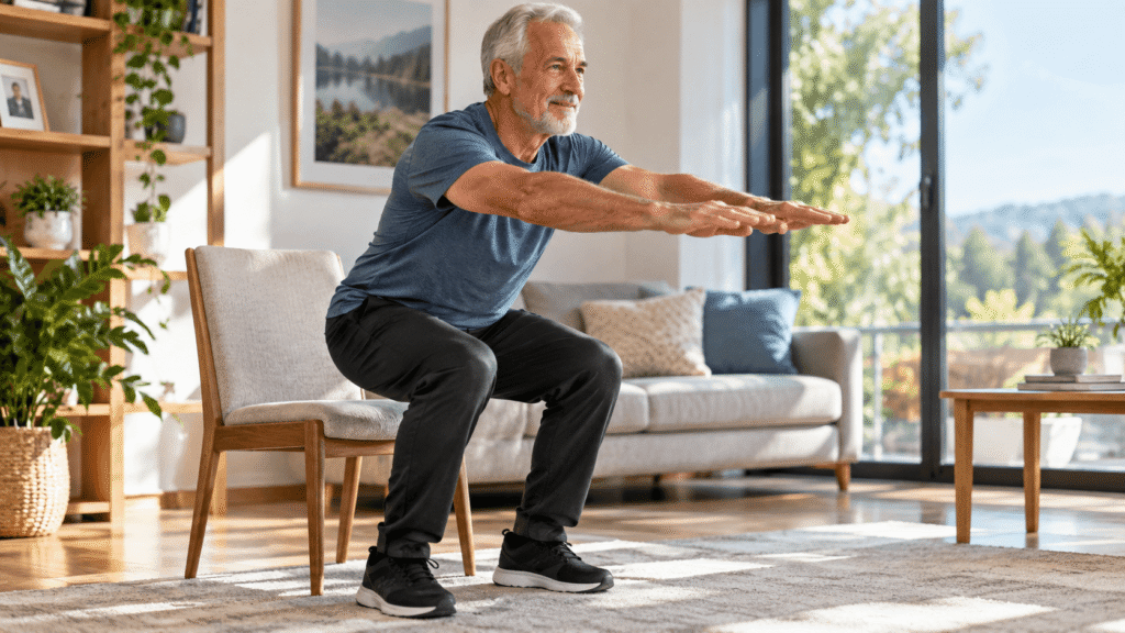 Older man performing a chair squat to strengthen his legs at home