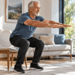 Older man performing a chair squat to strengthen his legs at home
