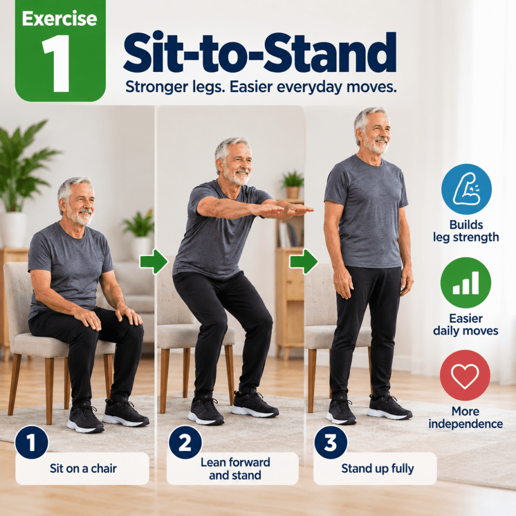 The sit-to-stand strengthens the thighs and hips while directly practicing one of the most common movements in daily life rising from a chair.